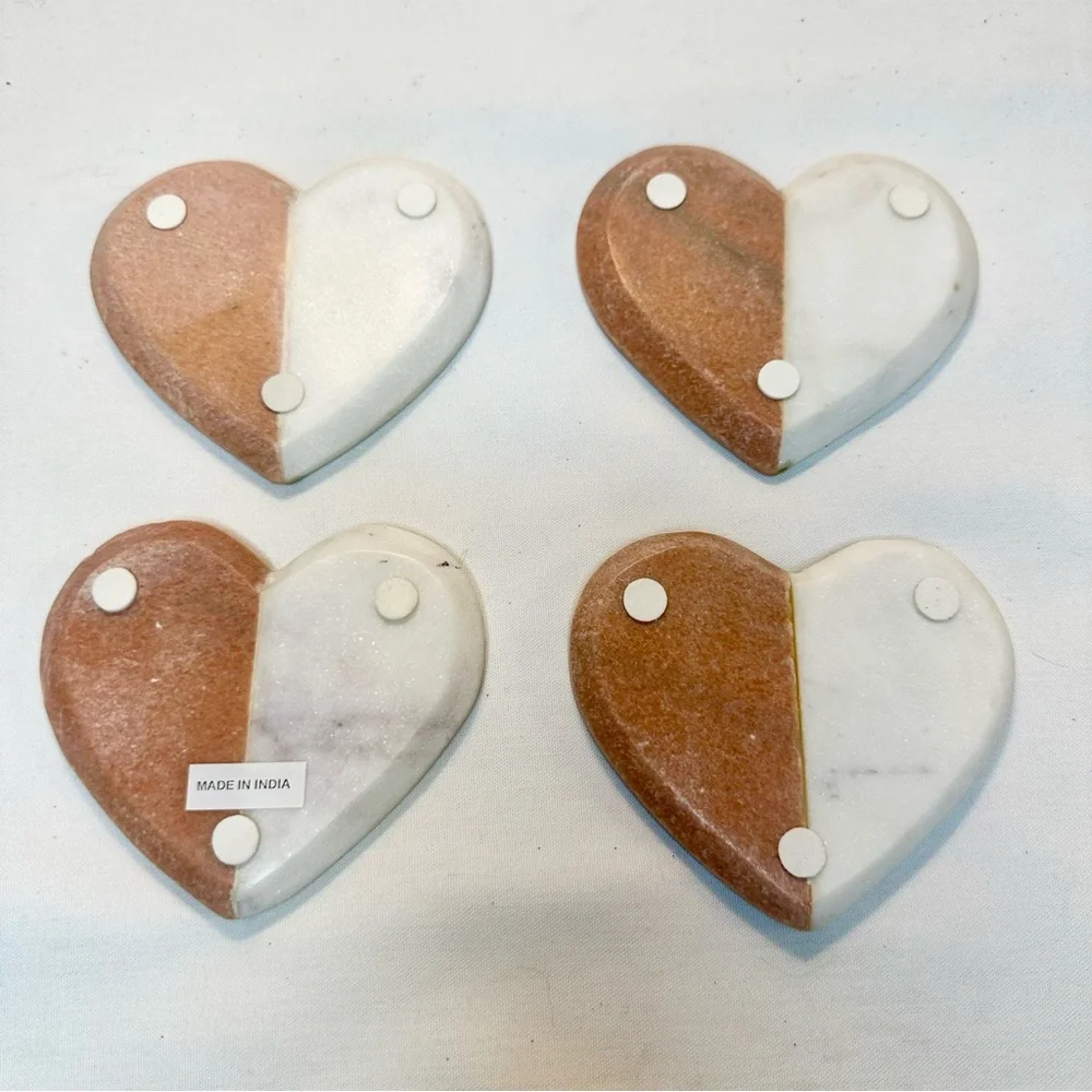 New 4 PC SET Natural Stone Orange Marble Heart Coasters With Brass Inlay - INDIA